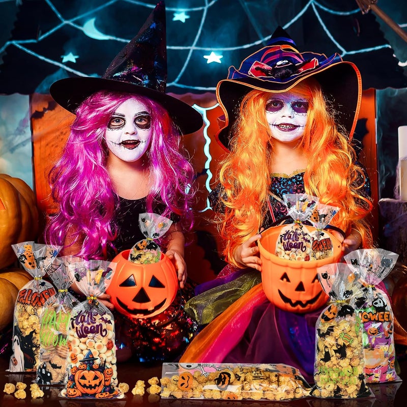 Twavang 150 Pcs Halloween Cellophane Treat Bags, Halloween Trick or Treat Goodie Bags with 170 Pcs Twists for Snacks Cookies Packing (10.8 x 4.9 inches) - Image 4